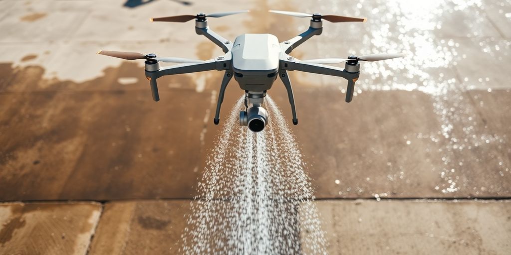 Drone cleaning surface with powerful water spray.