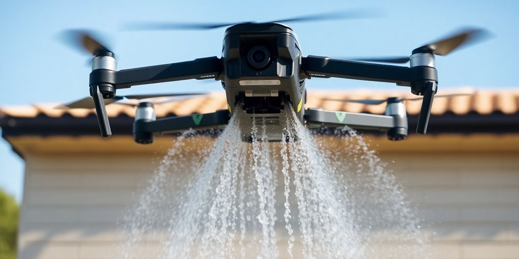 Power washing drone cleaning a surface with water spray.