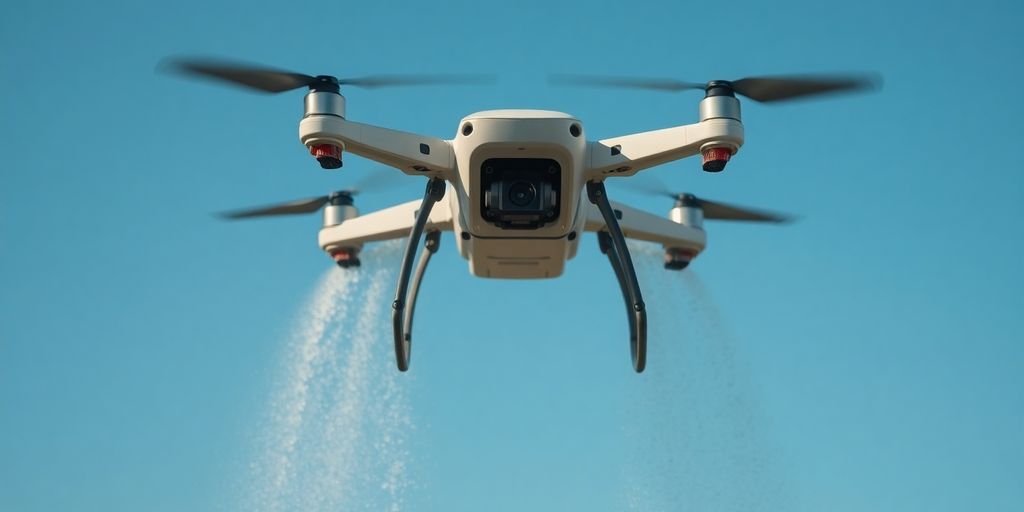 Drone power washing a surface with water spray.