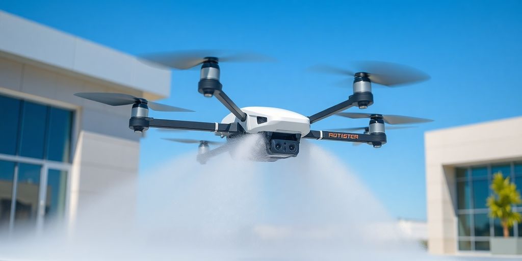 Drone power washing a surface in bright sunlight.