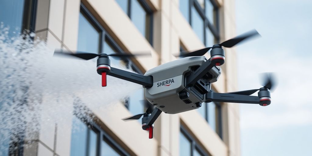 Sherpa Drone power washing a building facade outdoors.